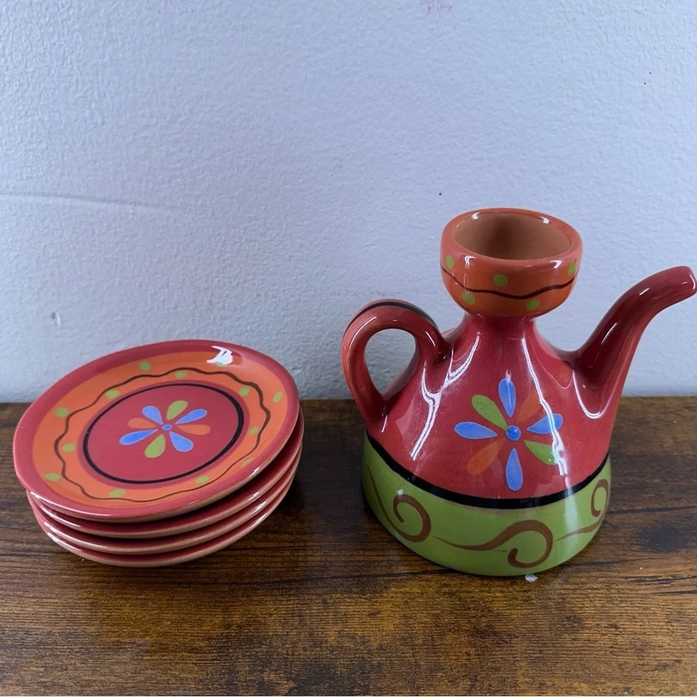 VTG Hand Painted Spanish Ceramic Olio Oil Cruet Pitcher & 4 Dipping Dishes Set